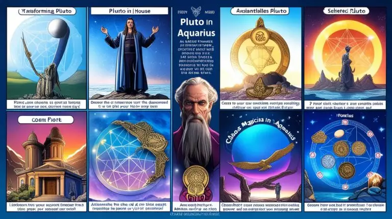 Comic book-style illustration of Pluto traveling through the astrological houses, symbolizing profound shifts in life themes. The image portrays cosmic alchemy, dismantling old patterns, and visionary renewal, highlighting opportunities for Chaos Magic practices.