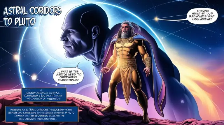 A comic book-style illustration of a modern chaos magician journeying along astral corridors to Pluto’s domain. The magician stands in the constellation of Aquarius before Pluto’s shadowy yet radiant form, seeking guidance and clarity for transformation.
