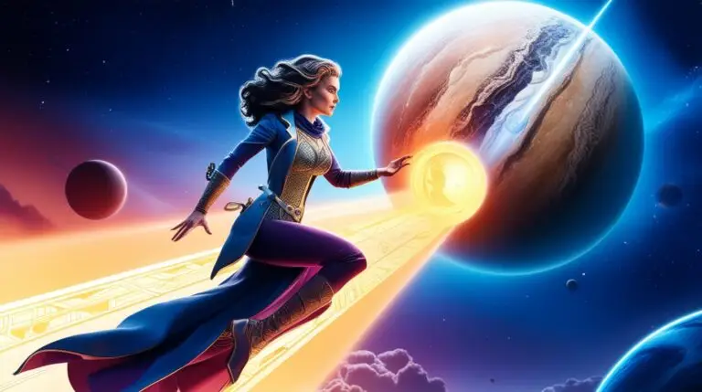 A comic book-style depiction of a female Chaos Magician traveling down a shimmering astral corridor towards the planet Pluto, symbolizing transformation and self-discovery through magical journeying.