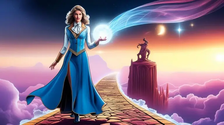 A comic book-style illustration of a female magician walking along a glowing cosmic path, symbolizing the journey of transformation. The scene is filled with vibrant starlight, swirling energies, and a sense of forward movement toward personal evolution.