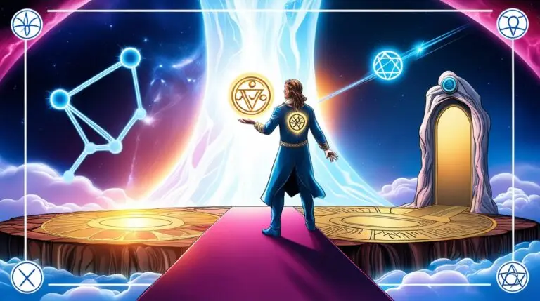 A comic book-style illustration of a magician standing at the edge of a cosmic pathway illuminated by vibrant starlight and swirling nebulas. They hold a glowing sigil symbolizing transformation and reach toward a constellation representing Aquarius, with planetary glyphs and runes floating around them.