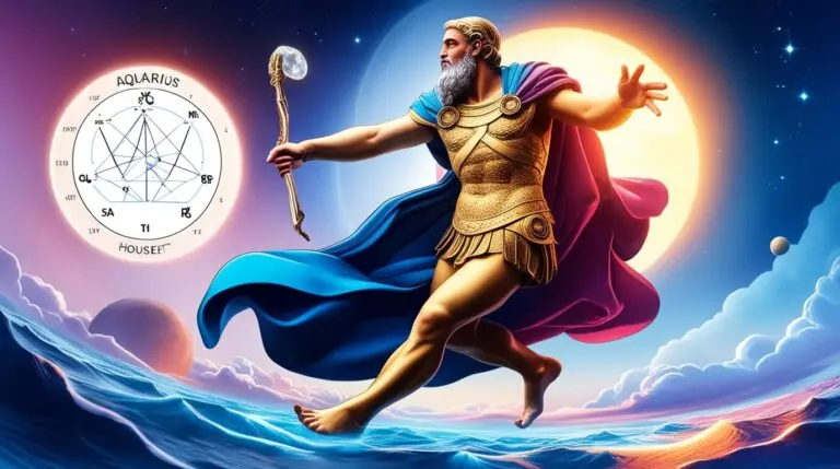 A comic book-style depiction of the Roman god Pluto, illustrated as he passes through the zodiac sign of Aquarius into the Astrological First House. The scene is dynamic and cosmic, symbolizing transformation and personal evolution.