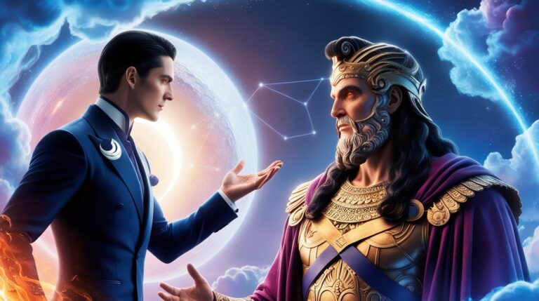 A modern comic book-style depiction of a magician approaching the Roman god Pluto in the zodiacal constellation of Aquarius on the astral planes.
