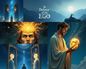 A composite image showing an archetypal magician’s journey: first holding a golden mask, then lifting it, then standing between cosmic mirrors, and finally stepping forward with the mask fully worn, radiating magic. The scene is set in a swirling indigo and star-filled cosmic landscape, evoking sovereignty, alignment, and the reclamation of ego as a magical interface.