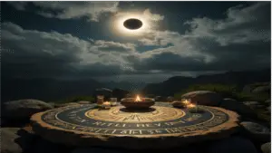 An ultra-realistic image of a magician silhouetted before a crimson eclipse, arms raised in invocation. The words “PLUTO MONEY MAGNET – Transform Your Financial Destiny” glow in radiant gold, surrounded by shadowy fire. The scene evokes ritual, transformation, and deep planetary magic.