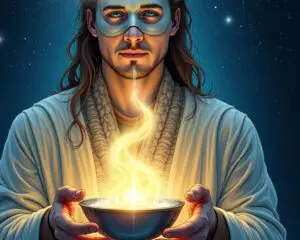An archetypal magician holds a beautifully crafted cup, from which a radiant cosmic river flows outward, spiraling into stars and galaxies. The magician’s partially masked face symbolizes integrated ego, and the background glows with constellations and magical light patterns, evoking balance, conscious alignment, and sovereign magic.