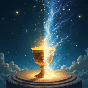 A split cosmic scene showing a glowing crafted cup on one side and a radiant river of starlight on the other, connected by a shimmering thread of magic.