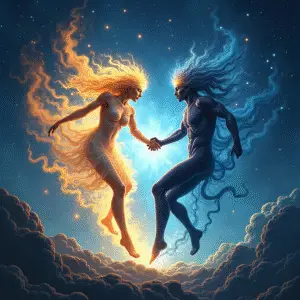 Two intertwined cosmic figures — one dissolving into starlight, one solid and masked — dance together in a swirling cosmic spiral, symbolizing the balance of form and formlessness.