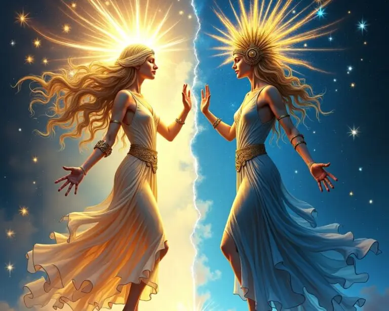 A cosmic scene showing two mirrored figures: on one side, a dissolving figure made of starlight representing pure consciousness; on the other, the same figure fully formed, wearing a radiant mask or crown, standing confidently with one hand raised. Between them flows a thread of magic, symbolizing the paradox and integration of ego and source, the dance of sovereign Becoming.