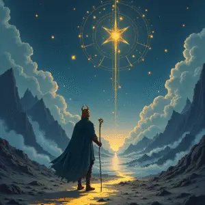 A magician in a golden mask stands at the beginning of a vast mountain path beneath a stormy sky filled with constellations forming arcane symbols. The path represents the mythic challenges that lead to magical alignment.