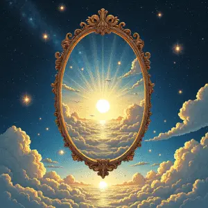 A glowing mirror floats in cosmic space, reflecting a mythic unfolding of one’s past — mountains, symbols, scrolls — all arranged in radiant harmony. It symbolizes the perfection of events as reflections of the Field.