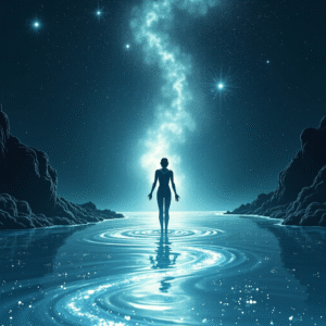 A translucent figure stands in a stream of starlight, eyes closed and hands open. Stars and events flow through their body like constellations in motion, symbolizing the ego’s ability to release attachments and let the Field pass through.