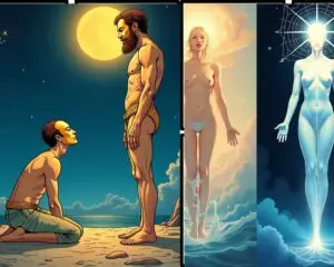 A composite comic-style image depicting the shift from Piscean ego-denial to Aquarian ego-integration: a figure kneeling before an altar, setting aside their golden mask, then rising to lift the mask onto their face; beside this, mirrored panels show the contrast between a dissolving Piscean figure and an Aquarian figure standing confidently, crowned or masked, connected to a radiant cosmic web.