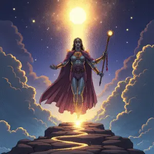 A magician stands at the edge of a cosmic threshold, bridging the realm of shaped form and dissolving starlight, holding a key that connects both worlds.
