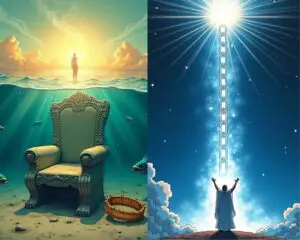 A composite comic-style image showing the magical shift from the Age of Pisces to Aquarius: a crumbling underwater throne with a fallen crown symbolizing the end of Piscean hierarchy, and a shattered vertical chain breaking into radiant starlight, with a magician figure lifting their hands, connecting horizontally into an Aquarian cosmic web.