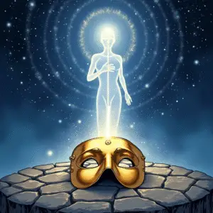 A radiant figure of light stands behind a starry altar upon which rests a golden mask. The figure holds one hand to the heart and one hand outward. Above, spiraling constellations form a cosmic gate, symbolizing alignment and sovereign Becoming.