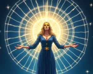 A radiant magician stands confidently at the center of a cosmic web, wearing a luminous golden mask symbolizing ego as crafted interface. From their outstretched hands, currents of magic ripple outward, connecting into a glowing starlit grid. The surrounding space vibrates with motion, light threads, stars, and flowing symbols, evoking sovereign alignment and conscious Becoming.