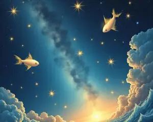 A cosmic illustration showing the astrological transition from Pisces to Aquarius: faded fish symbols and watery currents receding in the background, while radiant Aquarian streams of starlight rise in the foreground. A network of sovereign figures glows across a cosmic grid, each illuminated by their own small star, symbolizing the awakening of collective consciousness.
