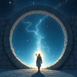 A lone figure wearing a golden mask stands at the edge of a glowing circular portal, set against a vast starry backdrop. The figure holds a radiant key or staff, poised in the moment before stepping through the portal into threads of shimmering starlight, symbolizing alignment, awakening, and sovereign Becoming.