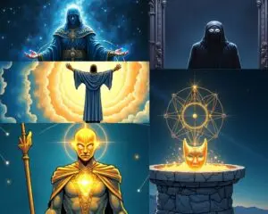 A composite image showing five cosmic comic art scenes: a magician holding a radiant golden mask; the magician lifting the mask toward their face; the magician standing between two cosmic mirrors reflecting masked self and starlit silhouette; a spiral path marked with symbols of transformation; and the magician walking confidently across a cosmic bridge wearing the golden mask. The scenes evoke themes of ego reclamation, sovereign magic, and alignment with the Field in the Age of Aquarius.