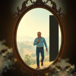 A man steps through a cracked, antique mirror into a mystical world filled with mist and shimmering light, as the mirror behind him closes like a silent gate to the past.