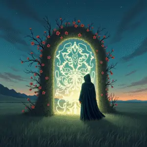 A magician stands before a glowing mirror, sending scrolls of light into a golden field beneath a cosmic sky, symbolizing the flow of mythic story into the Field.
