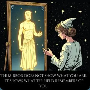 A magician stares into a mirror where the reflection shows a mythic version of themselves.