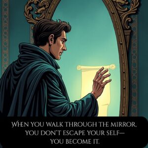 The magician reaches toward the mirror, a scroll glowing faintly inside.