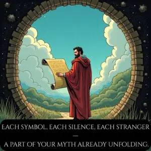 Inside the mirror, the magician walks a mythic landscape holding the scroll.