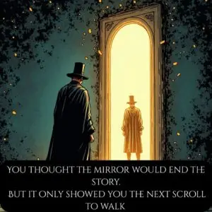 The magician, transformed, looks back through the mirror as a new Gate forms within it.