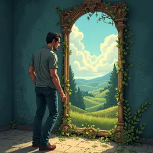 A magician stands before a glowing mirror in a starlit field, guiding flowing glyphs and scroll-like symbols from the mirror into the earth as the sky ripples with light.