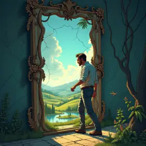 A man steps through an antique mirror that has become a mystical portal into a surreal landscape, his reflection rippling as he enters a dreamlike realm of mist, light, and enchantment.