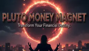 A silhouetted magician stands before a glowing red solar eclipse with the words “PLUTO MONEY MAGNET – Transform Your Financial Destiny.” The energy radiates with power and transmutation, symbolizing the deep wealth magic of Pluto's transformative force.