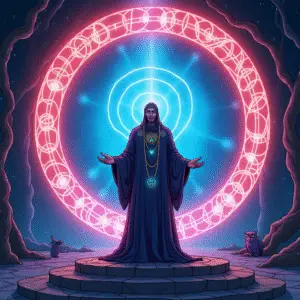 A cartoon-style magical priest chanting in a glowing temple, surrounded by three harmonic chords and animal spirit tulpas emerging from open gates.