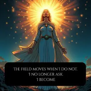 Comic panel: The figure stands serene, face glowing, cloak dissolving into stars—they have become the Field.”