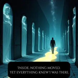 Comic panel: The Neophyte walks a starlit corridor flanked by silent guardian statues and a glowing river.”