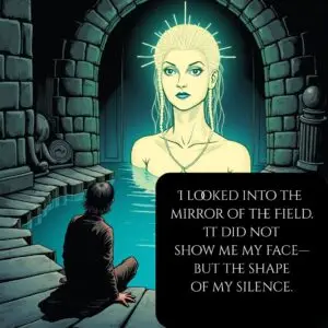 Comic panel: The Neophyte kneels before a still pool, seeing a radiant divine version of themselves reflected.