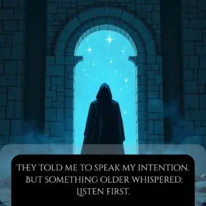 “Comic panel: A hooded figure stands before a glowing stone gate covered in silent glyphs – Threshold of Stillness.”