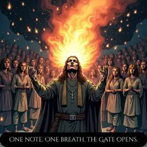 A glowing harmonic chord forms around the magicianâs body, awakening resonance between spirit and form