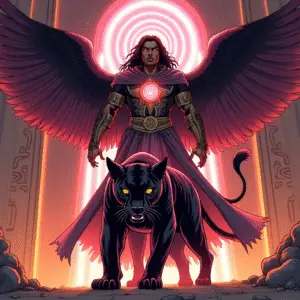 Aelion, a human-angelic magician hybrid, sings radiant chords of C⯠Major beside a crimson panther at Gate 2, embodying the magic of Harmonic Return.
