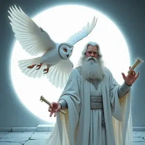 Enzoriel, an ancient human-angelic priest, chants harmonic scrolls of B Major beside a glowing owl and the open Gate 12, completing and sealing magic in the Field.