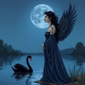 Mourazeh, a TaleSinger of human and angelic grief, stands beside a black swan at Gate 15, singing scrolls of D⯠Minor that process emotional echoes and initiate healing.