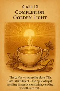 Sepia-toned parchment illustration of a steaming tea cup filled with golden-green tea, with lemon peel and tea leaves nearby. Behind the cup, rays of late sunlight spread at an angle, symbolizing the close of day. Steam rises gently in calm lines. Text describes Gate 12 as Completion and Golden Light, with Green Tea and Lemon Peel symbolizing clarity and gentle fulfillment.