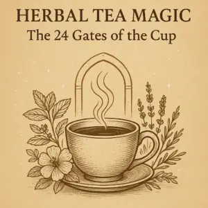 Herbal Tea Magic illustration with steaming cup, herbs, and mystical gateway — The 24 Gates of the Cup.