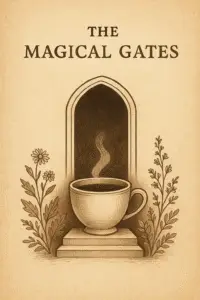 Sepia-toned illustration of a steaming tea cup placed before an arched doorway, framed by symmetrical herbs on each side. The parchment background and hand-drawn style evoke an ancient scroll, with the words ‘The Magical Gates’ above the arch.