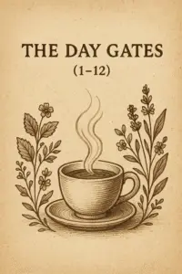 Sepia-toned illustration of a steaming tea cup on a saucer, framed by delicate botanical drawings on both sides. The parchment background features the heading ‘The Day Gates (1–12)’ in bold serif text above the cup, symbolizing the first twelve gates of the cycle.