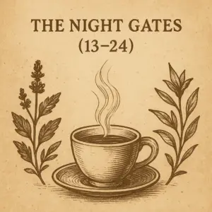 Sepia-toned vintage illustration of a steaming tea cup on a saucer, framed symmetrically by botanical drawings on both sides. The parchment-style background features the heading ‘The Night Gates (13–24)’ in bold serif text above the cup, symbolizing the twelve Gates of the night cycle.