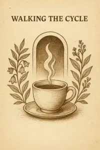 Sepia-toned vintage illustration of a steaming tea cup on a saucer, framed by botanical branches and set before an arched doorway. Above, bold serif text reads ‘Walking the Cycle’ on a parchment-style background, symbolizing the continuous passage through the 24 Gates.