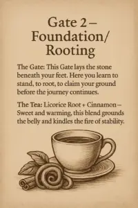 Sepia-toned vintage illustration of a steaming tea cup resting on a saucer with cinnamon sticks and leaves beside it. Bold serif text above reads ‘Gate 2 – Foundation / Rooting,’ accompanied by descriptive text explaining the Gate as grounding and stabilizing, with Licorice Root and Cinnamon as the tea blend.