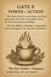 Sepia-toned parchment illustration of a steaming tea cup glowing with rising flame-like steam, flanked by sprigs of nettle and oregano. Bold serif text reads: ‘Gate 8 – Power / Action,’ describing this Gate as will and movement, with the tea blend Nettle and Oregano as invigorating and emboldening.